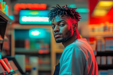 A captivating portrait of a young man in a vibrant setting. The colors create a lively atmosphere. This image reflects modern urban life and its dynamics. Generative AI.