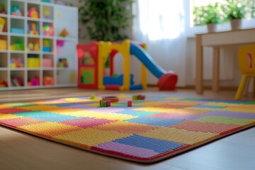 A vibrant children's playroom featuring a colorful rug, a slide, toys, and shelves filled with various playful items.