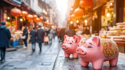 Obraz premium Two decorative pig figurines in a vibrant market setting with lanterns.