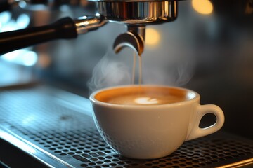 A close-up of an espresso machine, with the portafilter releasing a perfect stream of rich espresso into a small cup
