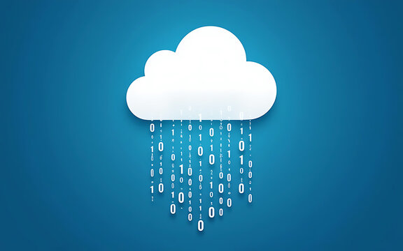 A stylized cloud icon with streams of binary code rain falling down, symbolizing data storage, cloud technology, and information flow.