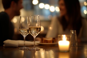 Obraz premium An Intimate Evening: Romantic Dinner for Two with Wine Glasses, Soft Candlelight, and the Warm Glow of Bokeh Lights Creating a Perfect Ambiance