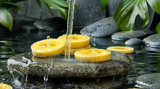 Banana Slices Splashing into a Pond in a Zen Rock Garden