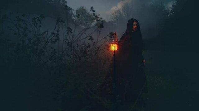 Mystical gothic woman ghost go in dusk dark dense fog forest hands hold lantern lamp warm light. long black dress cape. Fantasy elf girl got lost in night wood walking through branches trees blue sky