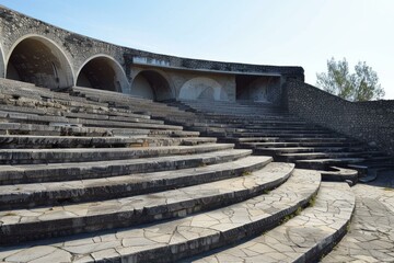Empty stone amphitheater with crumbling stone architecture is showing the effects of time passing