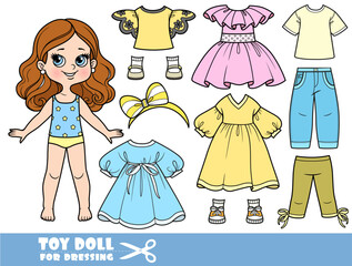 Cartoon brunette girl  and clothes separately -  dresses, shirt, sandals, jeans and sneakers