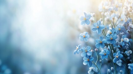 Soft focus image of light blue flowers in bloom against misty background