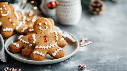 Fototapeta premium Smiling gingerbread cookies on plate, holiday-themed table