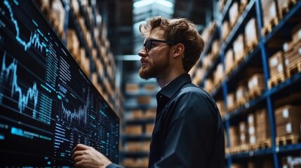 Entrepreneur Analyzing Stock Data on Large Screen
