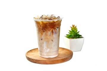 Latte ice coffee serving on wooden plates in white background and isolated photo style.