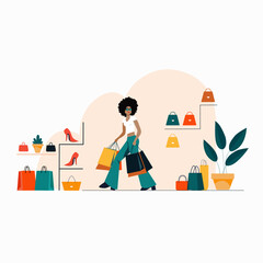 Shopping and selling. Vector modern illustration. a fashion woman in a bag and shoe store has many shopping bags in her hands.