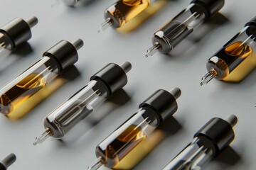 Rows of transparent vials filled with golden liquid and closed with black caps with droppers are lying on white surface