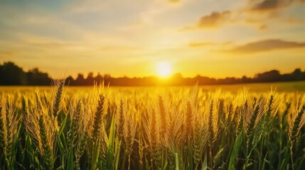 Fototapeta premium Golden sunset over a vast wheat field, serene landscape of nature's beauty golden