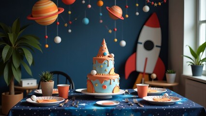 A birthday party with a rocket theme