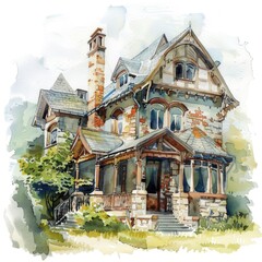 Water Color House Illustration. Set of Watercolor Houses in Unique Architectural Design