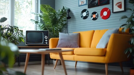 Retro styled room with neon signs old TV set and vinyl records on the wall capturing a cozy nostalgic 90s vibe  The room features a warm