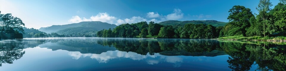 Water District Panorama: Serene Rydal Water in Lake District with Blue Waters and Majestic Mountains