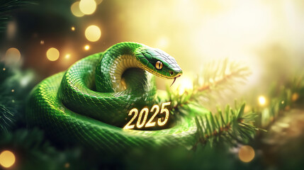 Fototapeta premium 2025: Green snake on festive foliage