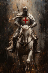 Fototapeta premium A painting of a knight on a horse with a red cross on his chest