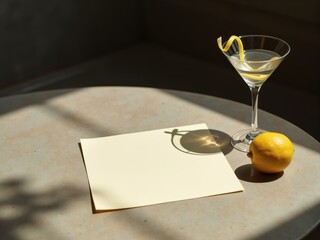 blank paper menu mockup with martini glass with lemon on light stone surface; natural light, muted earthy tones, black background; calm, sophisticated style