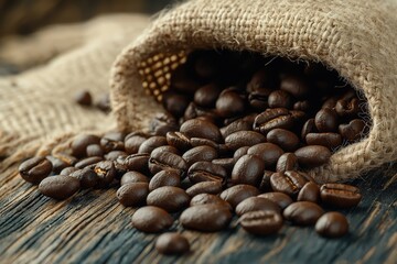 Fototapeta premium a burlap sack tipped over, with dark roasted coffee beans spilling onto a rustic wooden surface