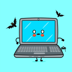 Terrible Laptop character. Vector hand drawn cartoon kawaii character illustration icon. Isolated on blue background. Zombie Laptop. Halloween concept.