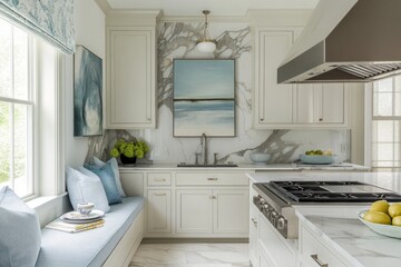 Fototapeta premium Modern Kitchen with White Cabinets, Marble Backsplash, and Window Seat