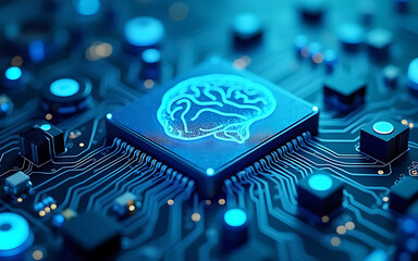 Metallic circuitry with electric blue lights symbolizing artificial intelligence, machine learning, and advanced technology.