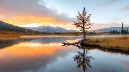 Fototapeta premium Explore the tranquil beauty of a sunset reflected in a serene lake landscape