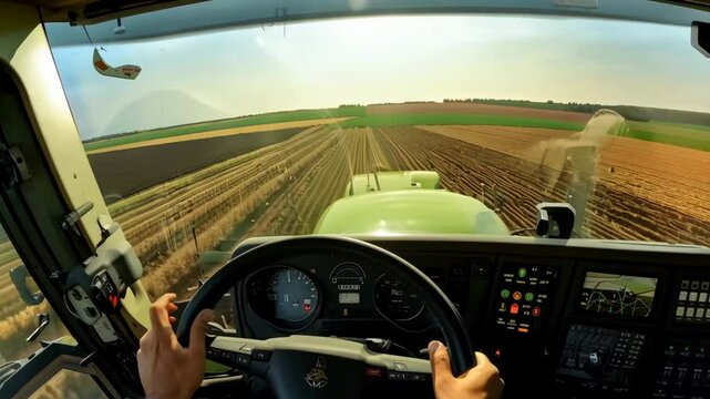 Farmer view pov from cockpit of modern tractor window vast fields stretching ahead. Rows freshly plowed earth landscape. Advanced farming technology. Rural life. Agriculture innovation land management