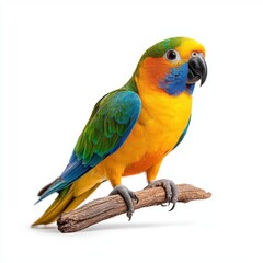 A photostock of a colorful parrot perched, isolated on white background, High Quality