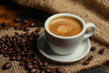 Obraz premium White cup of coffee with coffee beans nearby