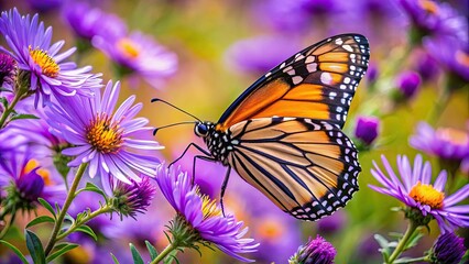 Naklejka premium Monarch butterfly feeding on purple aster flower in a summer floral background , Monarch butterfly, purple aster