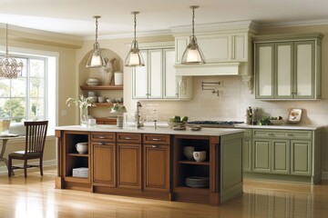 A Modern Kitchen with Light Wood Cabinets, a Large Island, and Gleaming Hardwood Floors