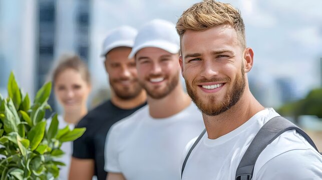 Diverse Group of Volunteers Cleaning Up Beach Together with Smiles and Determination Showing Community Driven Environmental Responsibility