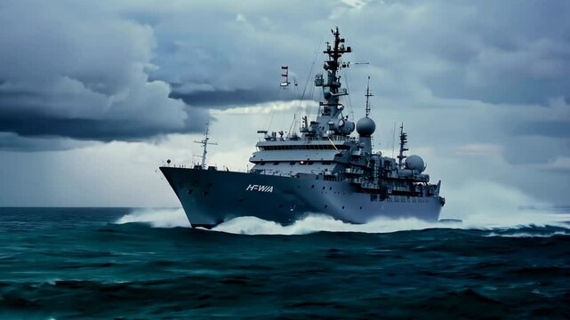 Powerful battleship navigates open sea waters, leaving trail of foam wake. War battle Ship, advanced naval technology. Ocean surface. Strength, authority. Military naval engineering. Big warship float