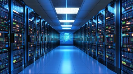 Inside a hightech server farm, long rows of powerful servers and network equipment in modern data center