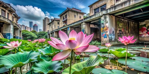 Urban Exploration Photography of Nelumbo Nucifera: Captivating Sacred Lotus Blooms Amidst Cityscapes and Urban Environments, Celebrating Nature's Resilience in Urban Settings