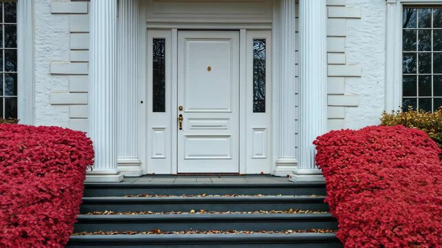 A white front door with sidelights sits on a porch with a set of steps leading up to it