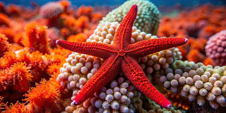 Indian Sea Star, also known as a Red Starfish, Formia Indica, close to a vibrant red sea sponge