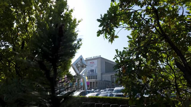 IFA berlin fair, establisher shot reveals building of event with founder Messe sign