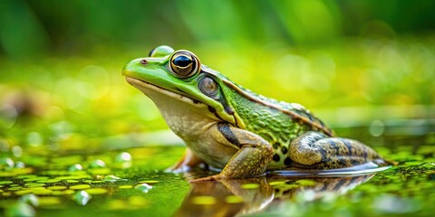 Obraz premium Frog peacefully sitting in vibrant green swamp water, frog, wildlife, nature, animal, amphibian, green, swamp, water