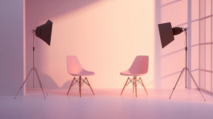 Clean podcast studio with two chairs, minimalist background offering space for text, ideal for professional media use.