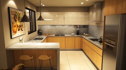 Modern Kitchen Interior with Wooden Cabinets and Stainless Steel Appliances