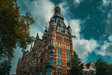Imposing brick building with ornate details and a towering spire against a dramatic sky