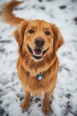 The golden retriever looks happy standing in the snow, showcasing its shiny fur and playful demeanor. It enjoys a bright winter day outdoors