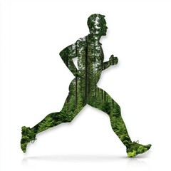 A photostock of a green forest with a lone runner, isolated on white background, High Quality
