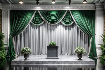 Elegant Stage Design with Podium and Green Curtains for Candid Photography, Event Setup, Stage Decor, Professional Presentation, Public Speaking, and More