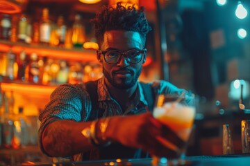 Crafting Cocktails: A Skilled Bartender Showcases His Artistry in a Vibrant Bar Setting Filled with Colorful Spirits and Warm Atmosphere