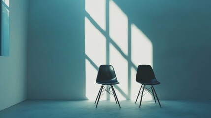 Minimalist studio with two chairs and a clean, open background, creating ample copy space for media branding or text overlays